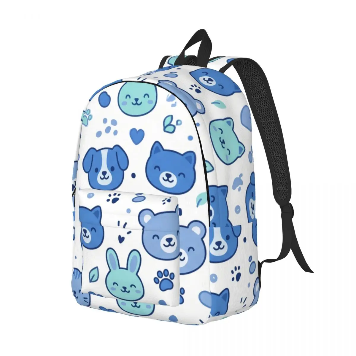 Cartoon School Backpack Tossed Animal Face Paw Heart Dot Cute Kawaii Blue White Daypack for College Class Weekend Gift Cool Pink