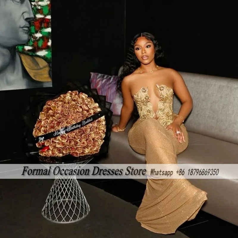 Goddess Crystal Prom Dresses 2025 Strapless Mermaid Long Party Dress Sequin Graduations Gowns Evening Dress Customized