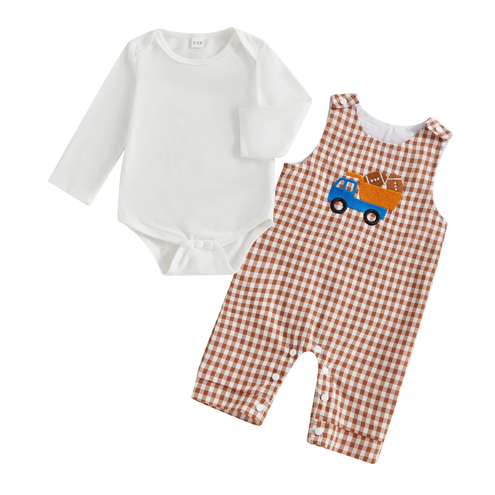 

Baby Boy Fall Outfit Crew Neck Long Sleeve Romper and Truck Rugby Embroidery Plaid Overall Pants 2 Pcs Set