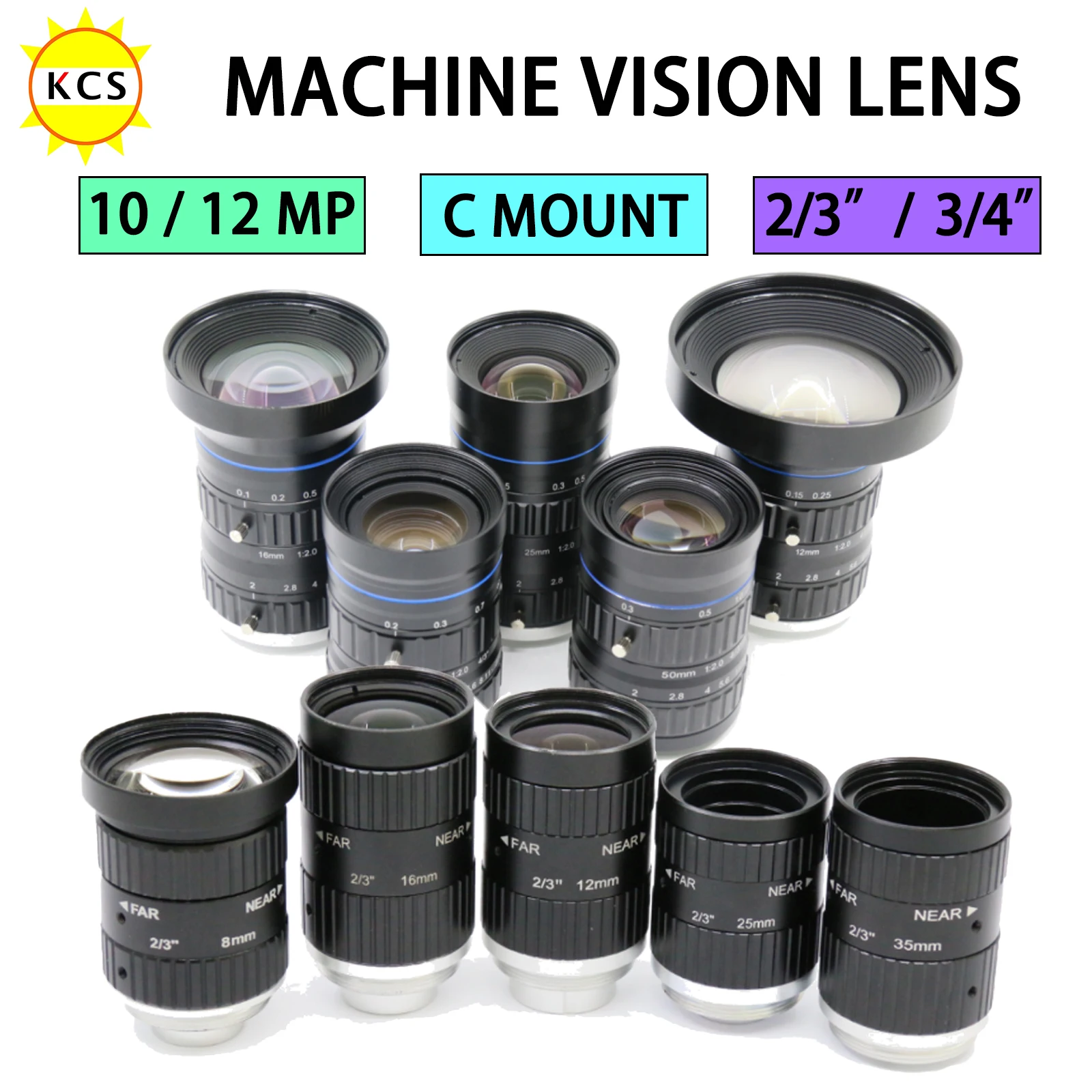 Lente de Visión Artificial de 2/3 y 3/4 Pulgadas, 10MP 12MP, Lente Manual de 8mm 12mm 16mm 25mm 35mm 50mm, Distancia Focal Fija F2.0-F22, Montura C, Ligero