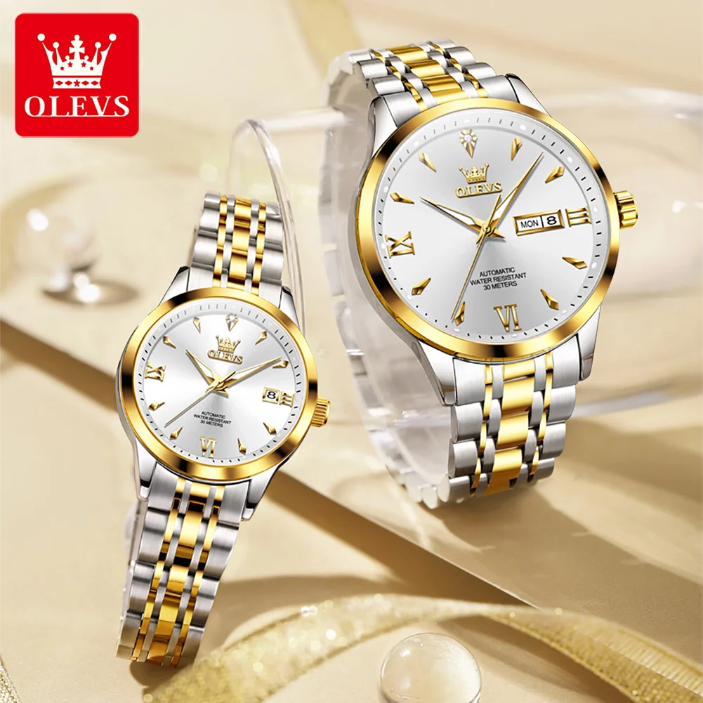 OLEVS 9956 Watches For Couple  Automatic Mechanical Watches Dual Calendar Original Stainless Steel Hand Clock Waterproof 9956