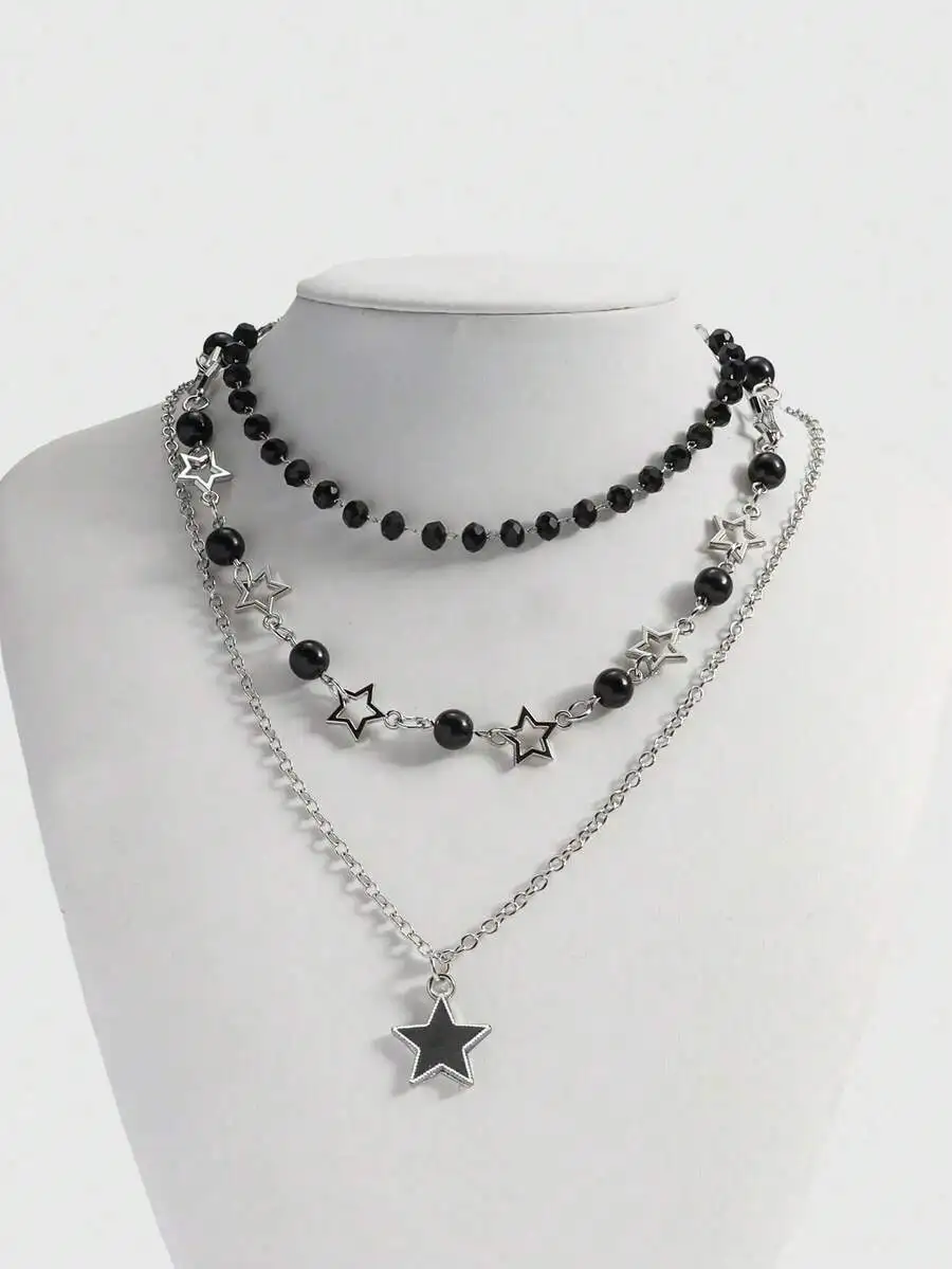 

Layered Star Pendant Necklace With Black Beads For Women