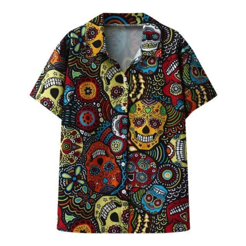 Summer Men's Lapel Single Breasted Cartoon Printed Skulls Fashion Loose Fitting Short Sleeved Cardigan Shirt Office Lady Tops