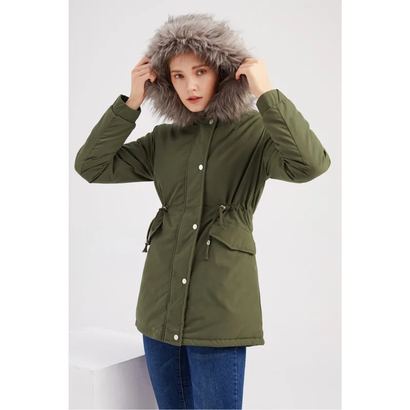 Stylish Winter Warm Plush Coat Casual Plush-Collar Hooded Coat Y2K Retro Women's Zip-Up Jacket Mid-Length Padded Cotton Jacket