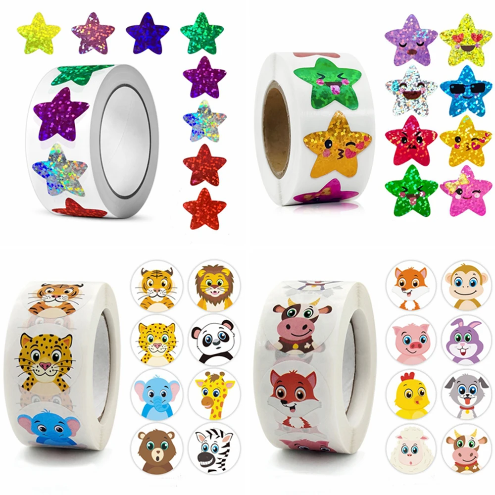 500pcs/roll Colorful Star Adhesive Holographic Star Stickers Zoo Farm Scrapbook Sticker Roll Labels For Kids DIY Gift Toys