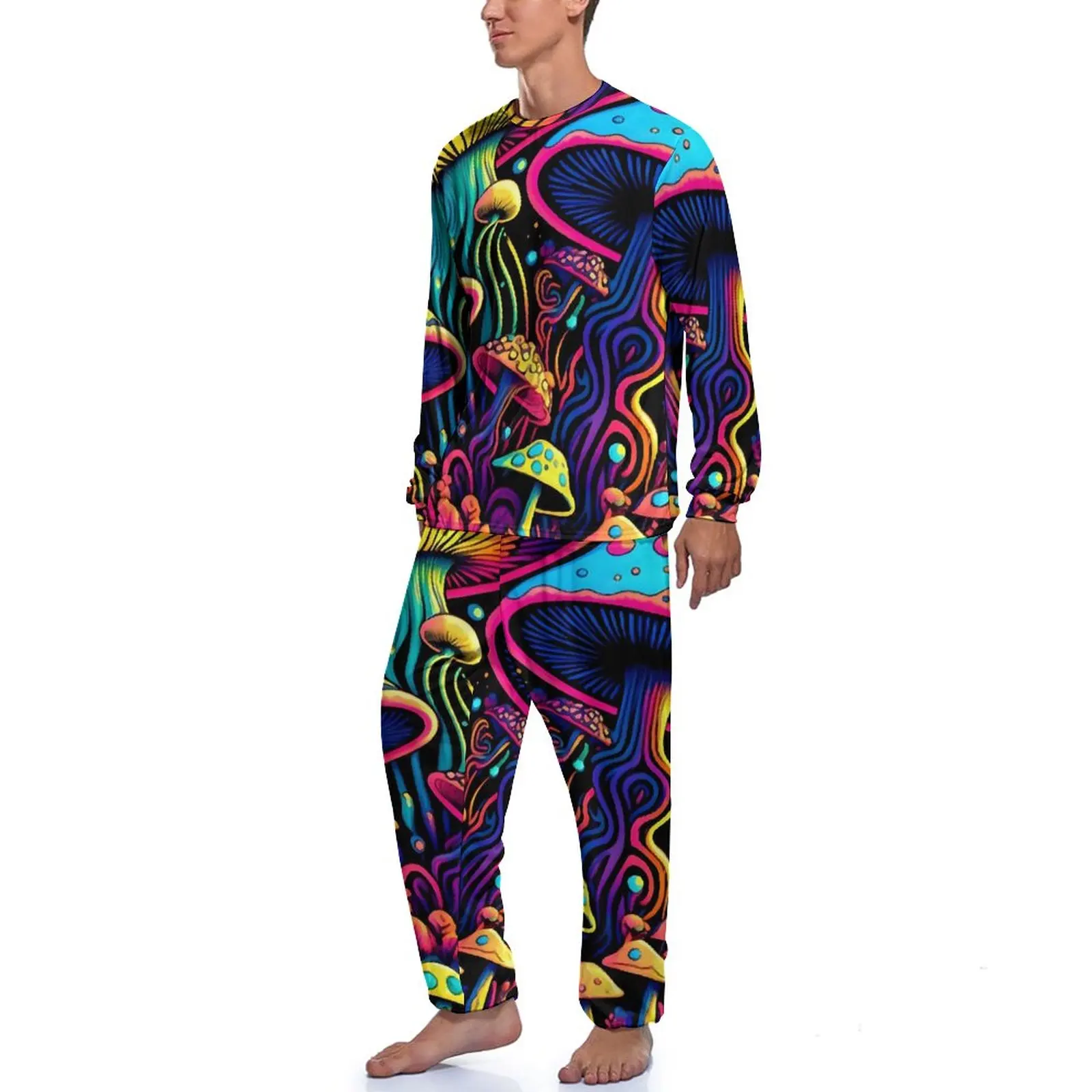 Psychedelic Mushrooms Pajamas Long Sleeve Colorful Print 2 Pieces Sleep Pajama Sets Autumn Mens Graphic Cool Home Suit