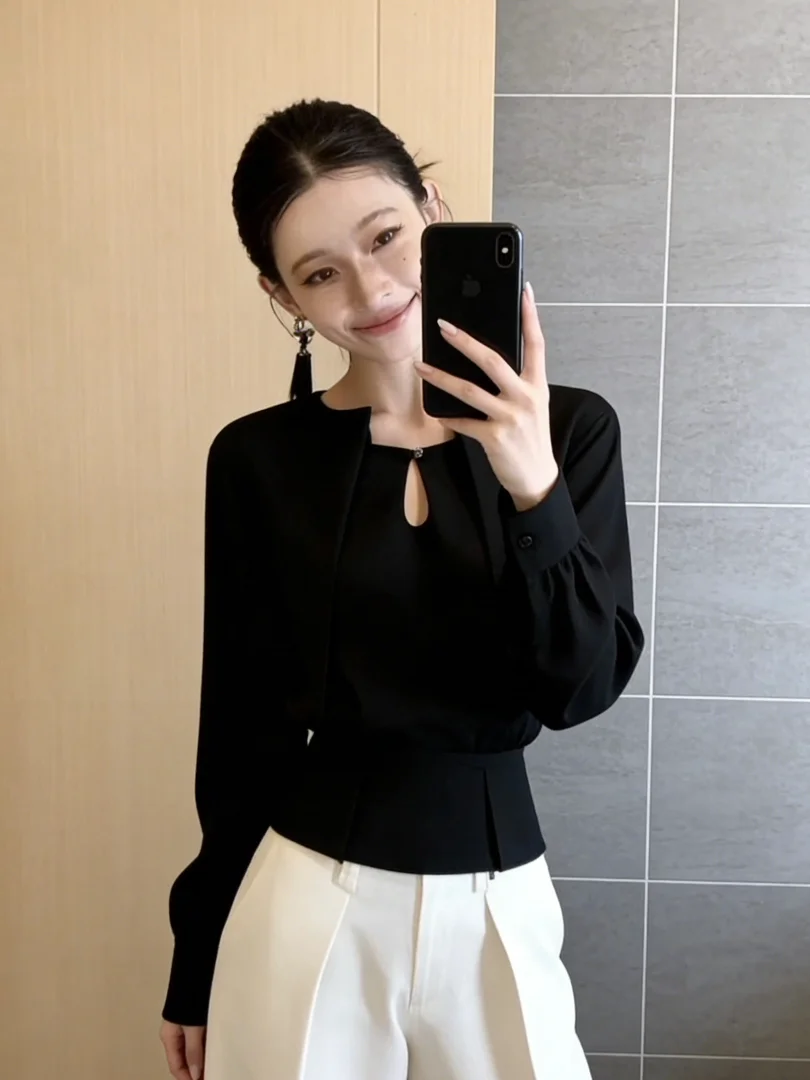 

Ele Bla Hollow out Waist-Cinching Long Sve irt for Women Commute Sle Spring Faion Casual Wear Premium Feel