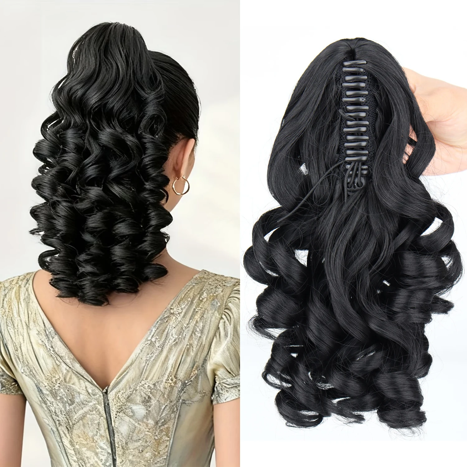 

Синтетический волнистый кудрявый хвост на заколке-крабе, 14 дюймов, пышный волнистый черный/русый хвост, накладные волосы для женщин