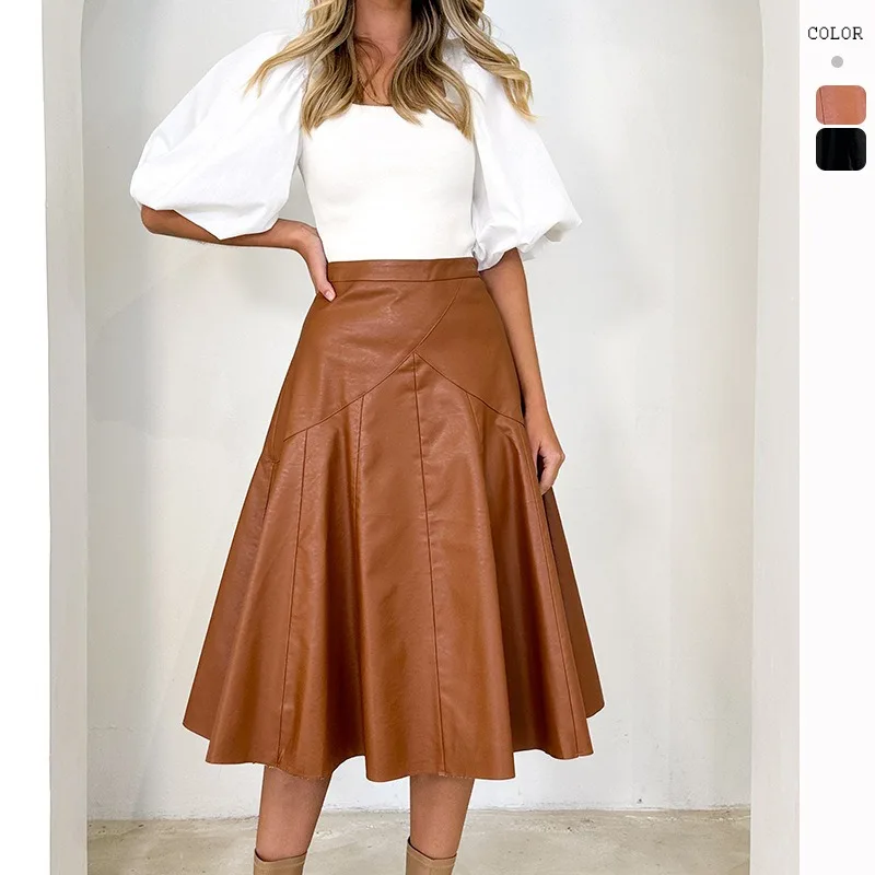 

Wepbel Leather Skirt Autumn High Waist Mid-Length Pleated PU Skirt for Women Solid Color S-line Big Swing Streetwear PU Skirts