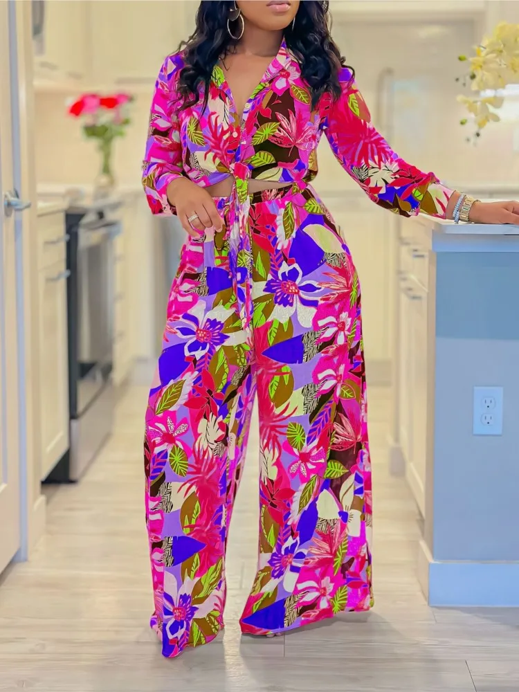 Women 2 Pieces Set Flower Print Pants Sets Long Sleeve Shirt + Wide Leg Pants Suit Fashion High Street Beach Clothing Female