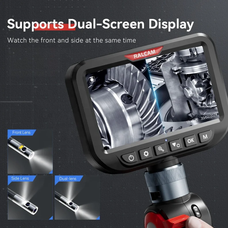 Industrial Hard Tube Borescope 6.5MM Dual Lens Endoscope with 5 Inch Display for Engine Repair and Pipe Check