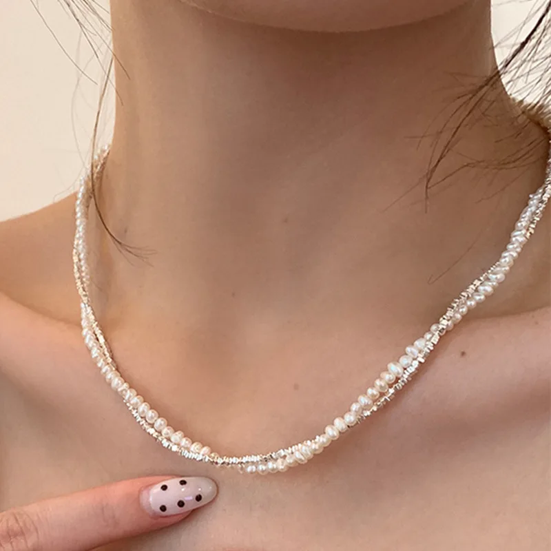 Double Layer Silver Colour Pearl Twist Necklace Vintage Minimalist Dainty Stacking Jewelry for Women