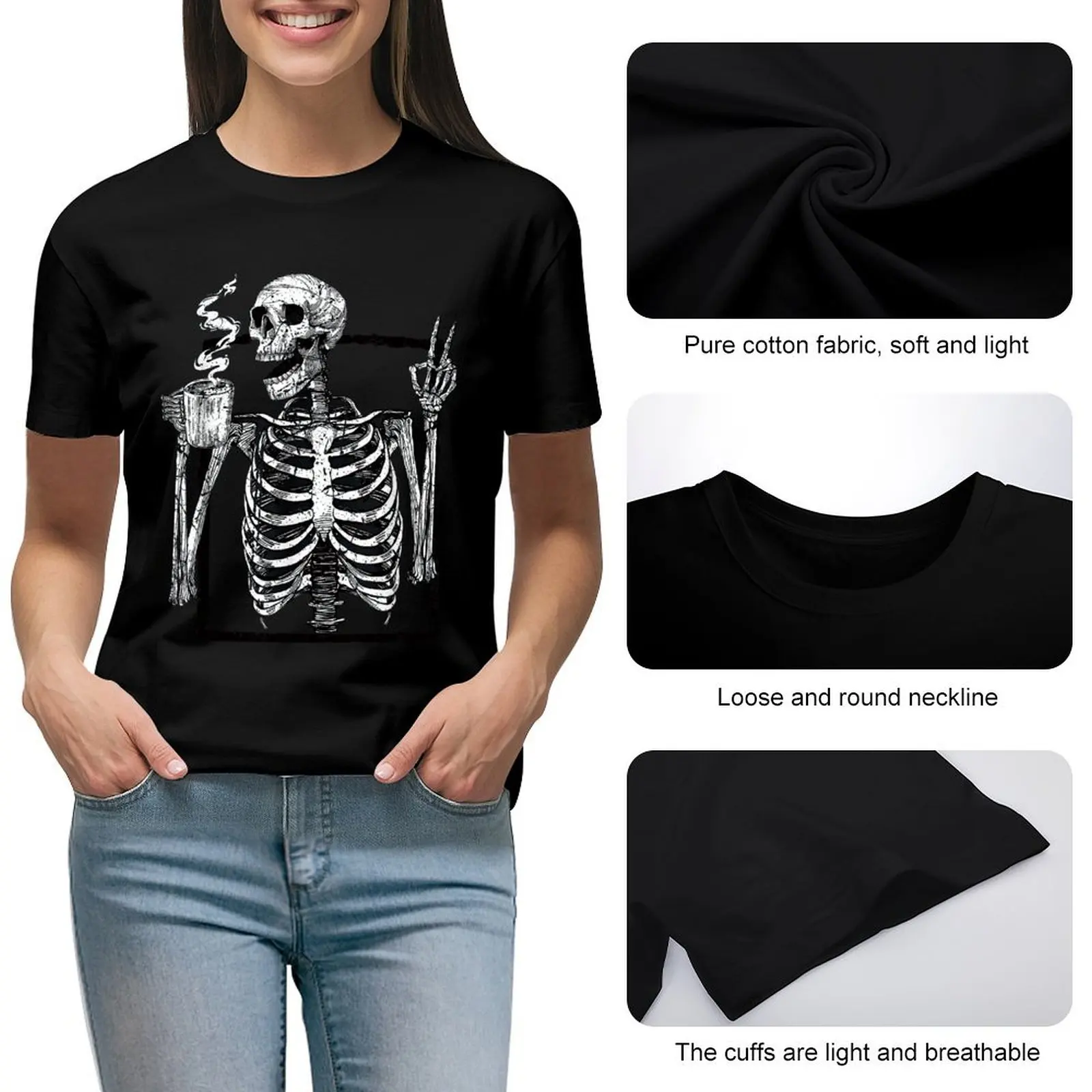 Skeleton Drinking Coffee Peace Funny Drinking Ghost Women Shirt Graphic Shirt Casual Short Sleeved Female Tee T-Shirt Size S-4XL