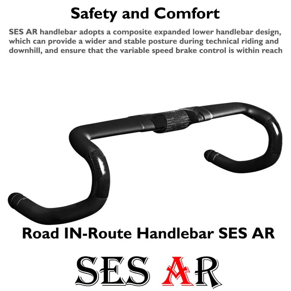 

Carbon fiber road bike handlebar SES AR - aerospace lightweight, internal/external routing, non-slip comfort, 380/400/420/440mm