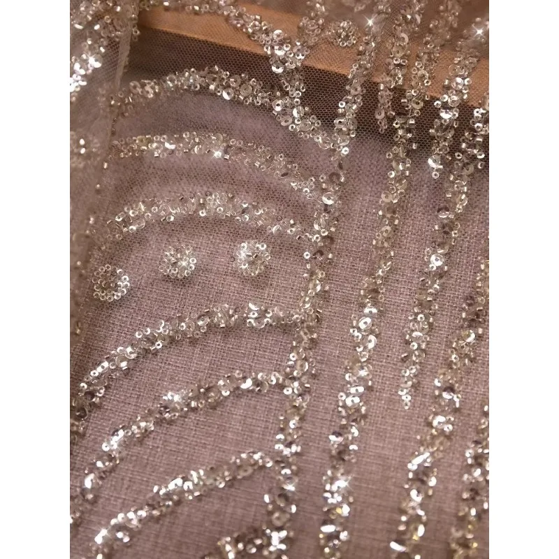 146CM Wide, Exquisite Yarn Nail Bead Embroidery Silver Sequin Lace Decoration DIY Formal Dress Performance Costume Accessories