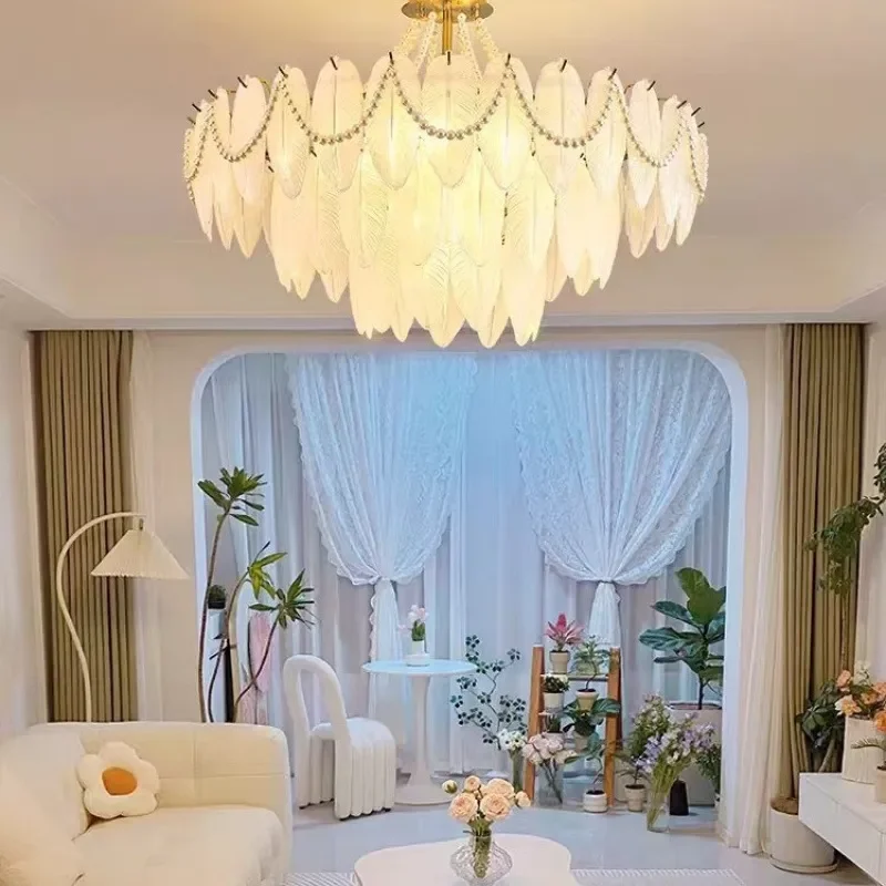 French Style Copper Chandelier with Glass Feather Pearl Design Luxury Lighting for Living Room Bedroom Restaurant Entryway