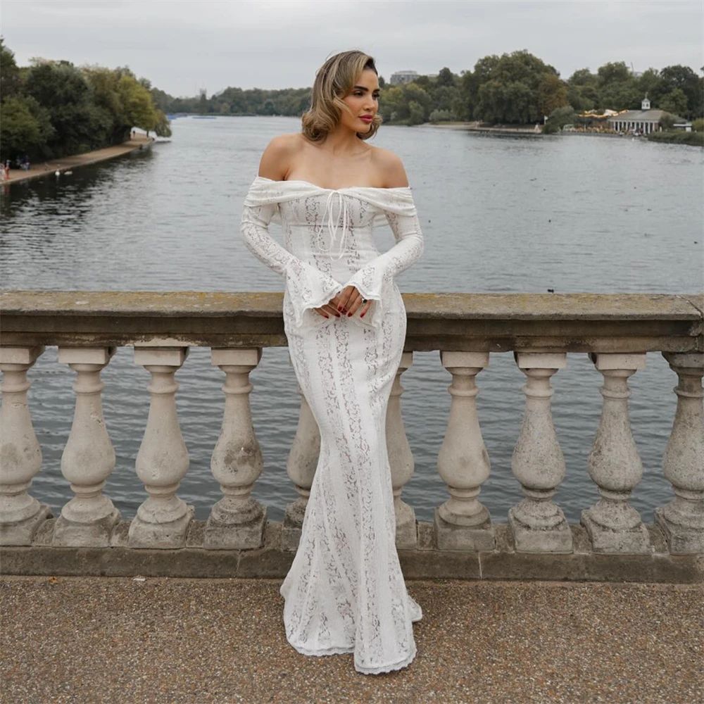 20345# Stunning Flare Sleeve Off Shoulder Lace Wedding Dress For Bride 2025 Customized Engagement Party Mermaid Evening Gown