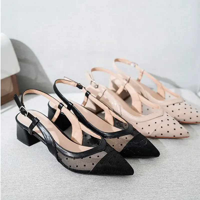 Ladies Shoes Outdoor Summer 2024 with Medium Heels Footwear Buckles Pointed Toe Block Heel for Office Work Sandals Women Black H