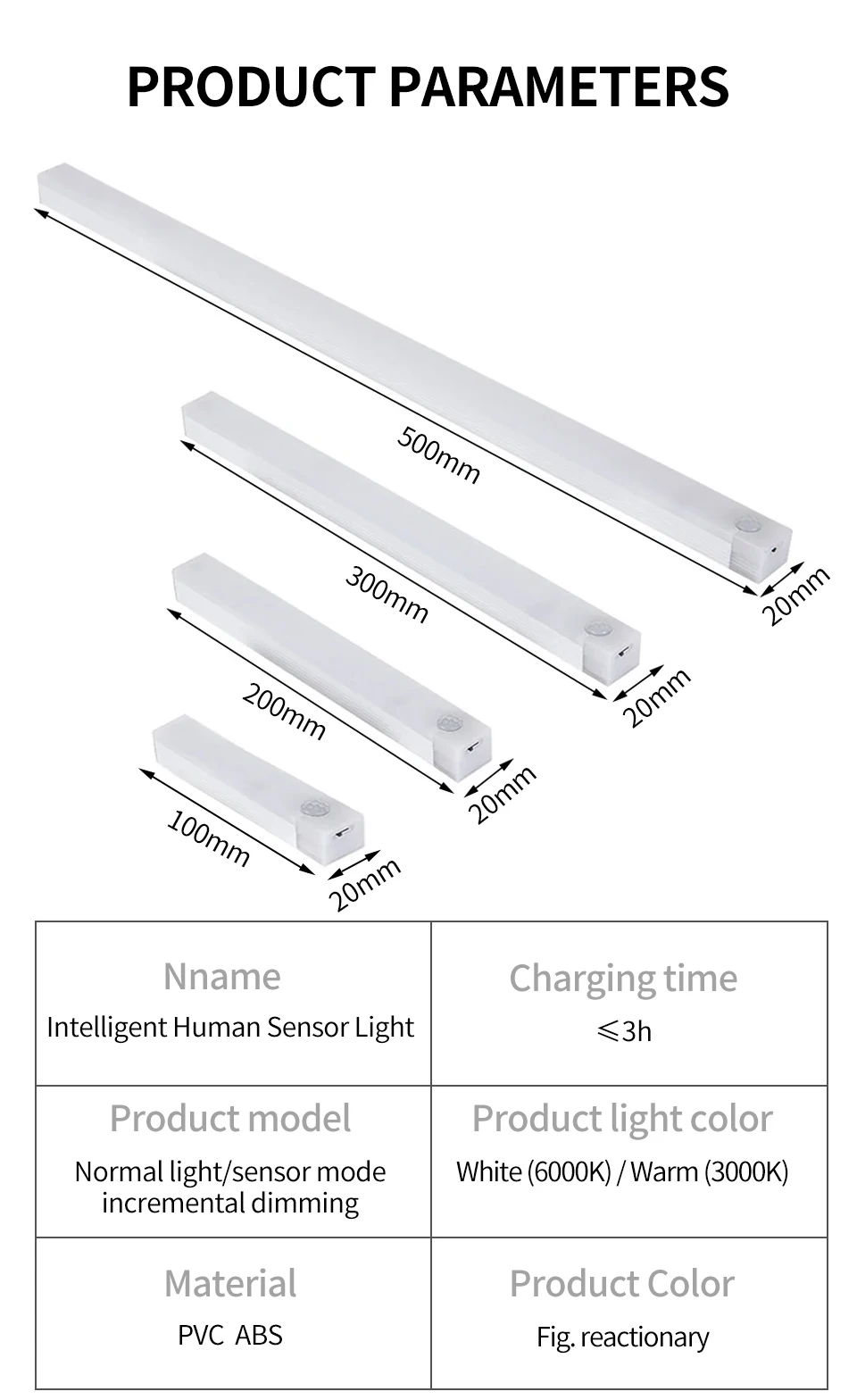 1-4Pcs Wiederaufladbare PIR Motion Sensor LED Bar Lichter Menschliche Infrarot Induktion Nachtlicht Tragbare Schrank Licht 10/20/30/50cm – Detail 11
