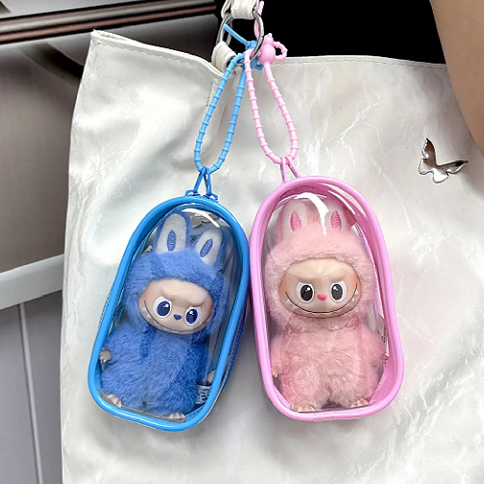 กล่องใส่ของเล่นแบบใสหลากสี สำหรับตุ๊กตา Labubu V4 ขนาด 10 ซม. พร้อมพวงกุญแจสำหรับพกพา