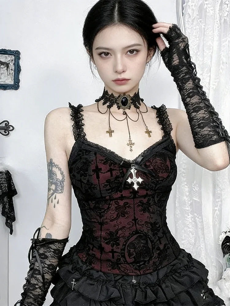 

Summer Gothic lace trimmed vest for women, retro dark college Y2K cut top, party club sexy Gothic tight corset vest, E-girl