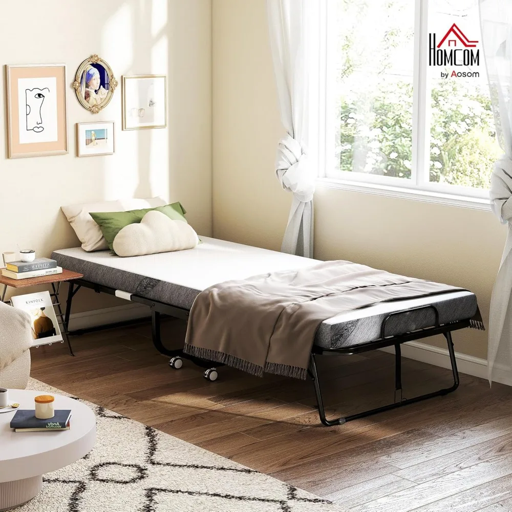 سرير HOMCOM قابل للطي مع مرتبة للبالغين، مقاس مزدوج، سرير محمول قابل للطي بإطار فولاذي قوي للغاية، 78.75 × 35.5، قابل للطي