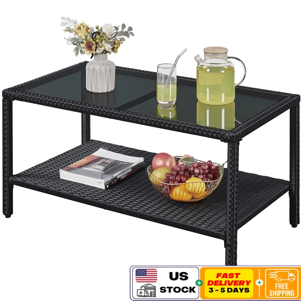 

Плетеный журнальный столик со столешницей из закаленного стекла, уличный прямоугольный дизайн, металлический каркас из ротанга, простая сборка, решение для хранения, жизнь