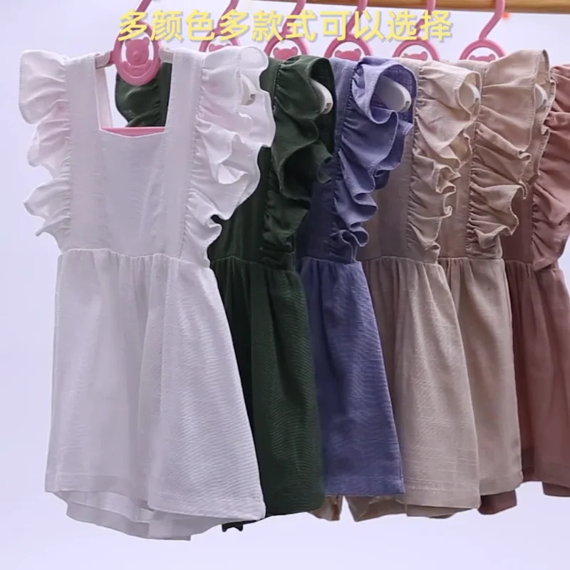 Toddler Girls Rompers Soft Cotton Linen Bodysuits Summer Solid Color Fly Sleeve Jumpsuit for Princess Girls Clothes Kids Panties