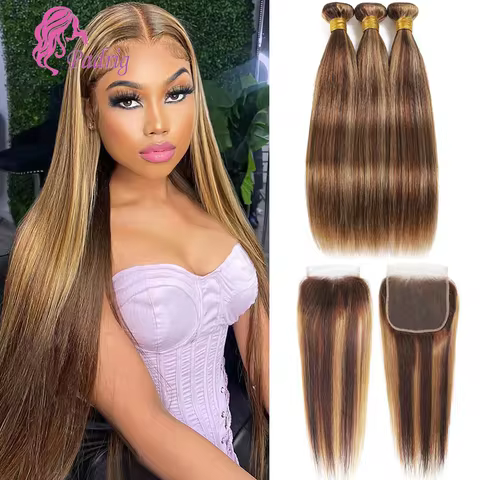 2/3 PCS Highlight Piano Color Silky Straight Virgin Human Hair Bundles With 4x4 Free Part Lace Closure In One Set 100g/PC