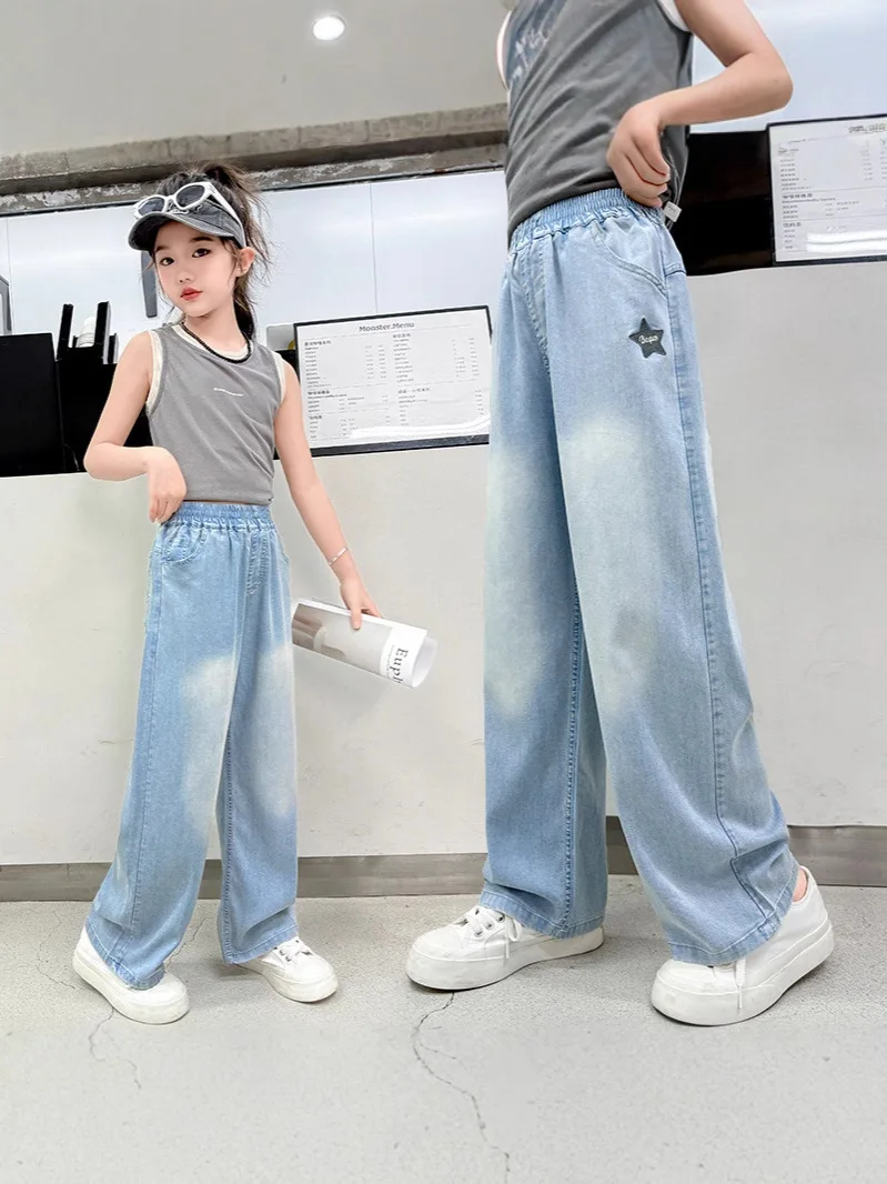 

Girls' Jeans 2025 Summer Slim Straight Loose Wide-Leg Pants Five-Pointed Star Back Pocket Breathable Fabric Teenagers Children