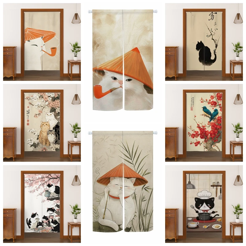 Japanese Style Noren Door Curtains Cute Cat Cherry Blossom Bird Patterns Linen Doorway Curtains Kitchen Entrance Half Curtains