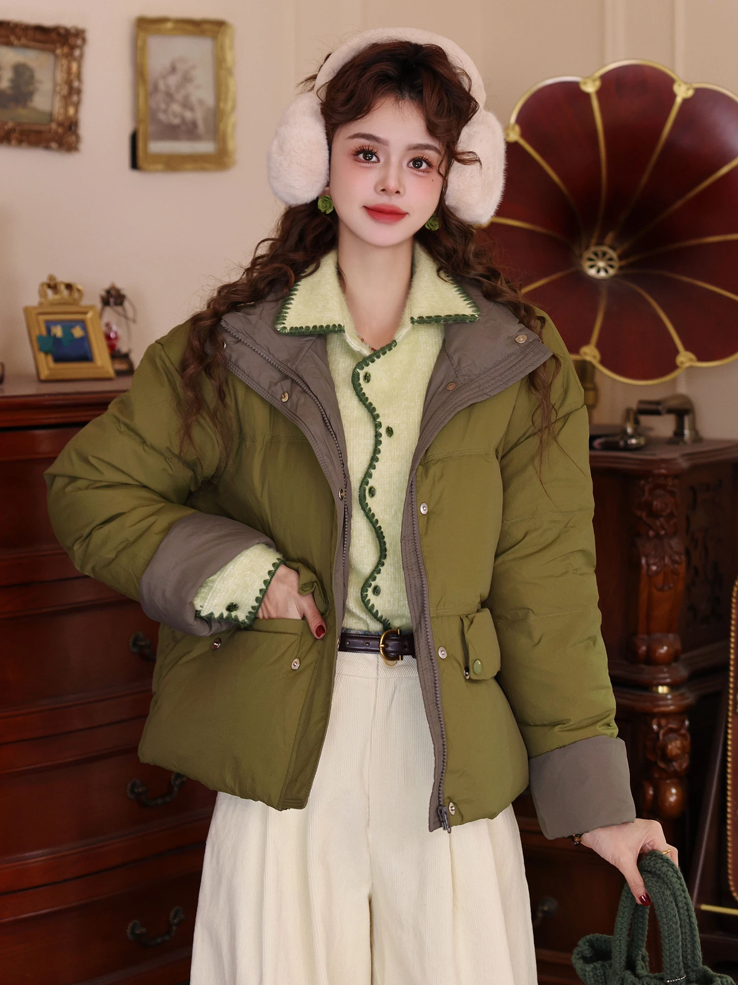 

Jiacheng Chen Winter Clothes 2025 Women's Thiened Fce Lined Casual Sle down Jaet Retro Commute Pure Color Zipper Clo...