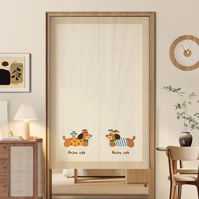 VIKAMA Beige Flax Dachshund Enjoy Life Door Curtain Two Cartoon Wiener Dog Hat Flower Cute Kawaii Minimalist Linen Noren Bedroom