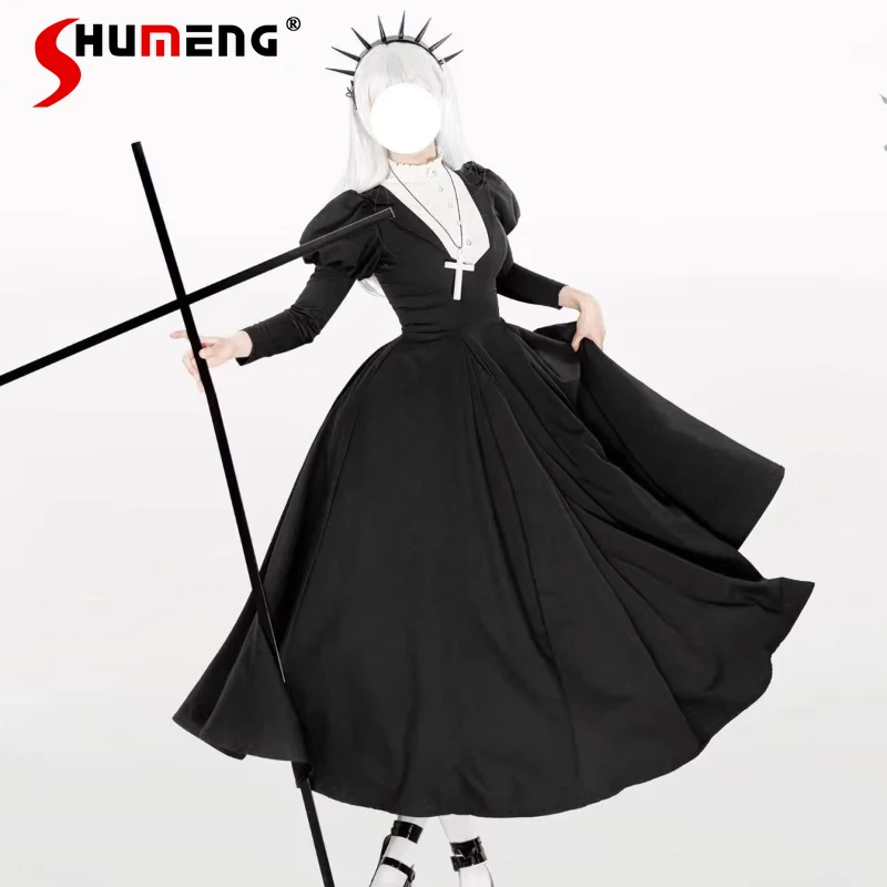 

Original Halloween Cos Dress Apron Set Autumn New Women's Slim Fit Elegant Lolita Long Sleeve Dress French Court Retro Dresses
