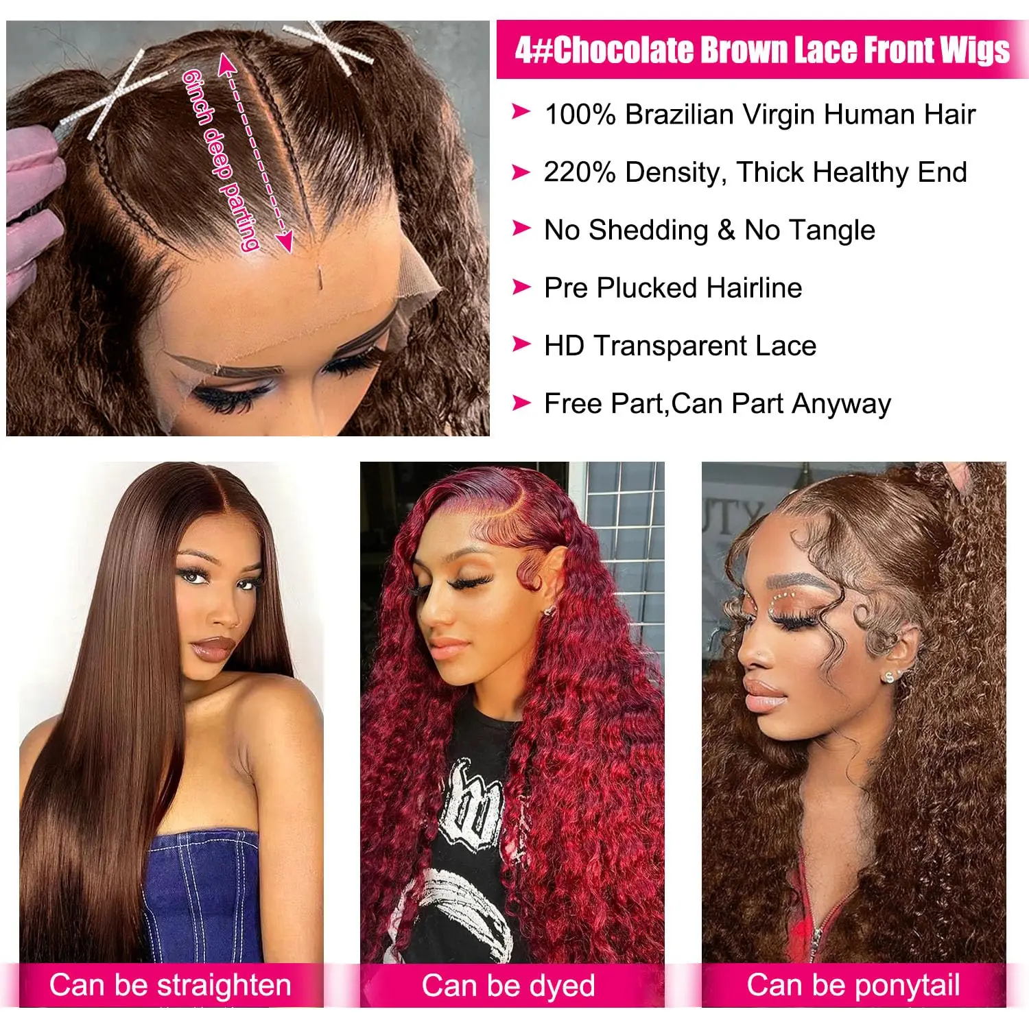 30 40 بوصة الشوكولاته البني موجة عميقة شعر مستعار أمامي 220 عالية الكثافة شعر بشري مجعد شعر مستعار ملون 13x4 Hd الدانتيل شعر مستعار أمامي للنساء