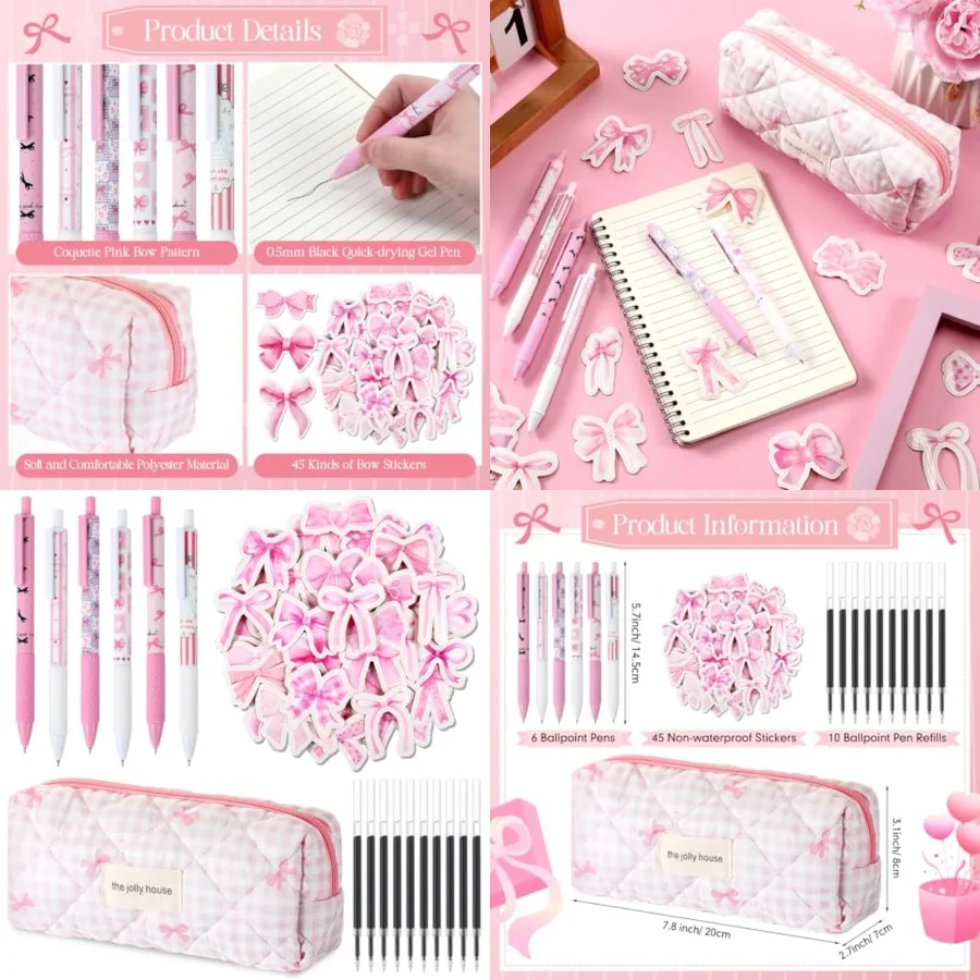 

Thenshop Coquette Pink Bow Pen Set 6 Cute Bow Retractable Ballpoint Pens with 10 Pen Refills Aesthetic Pencil Case Pouch 45 Bow