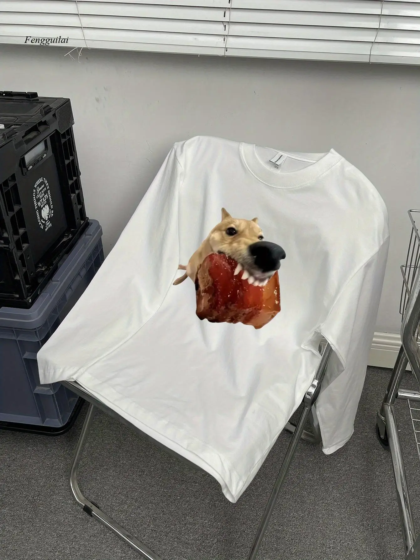 Casual Long Sleeve T-Shirt with Playful Dog & Meatball Graphic - Soft Cotton Crew Neck