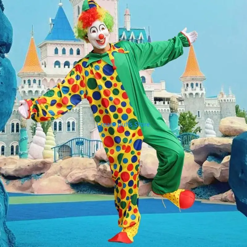 50LE Clown Roleplay Cosplay Costume Outfit Halloween Clown Dress Up Set Clown Jumpsuit Clown Hat and Clown Jumpsuit
