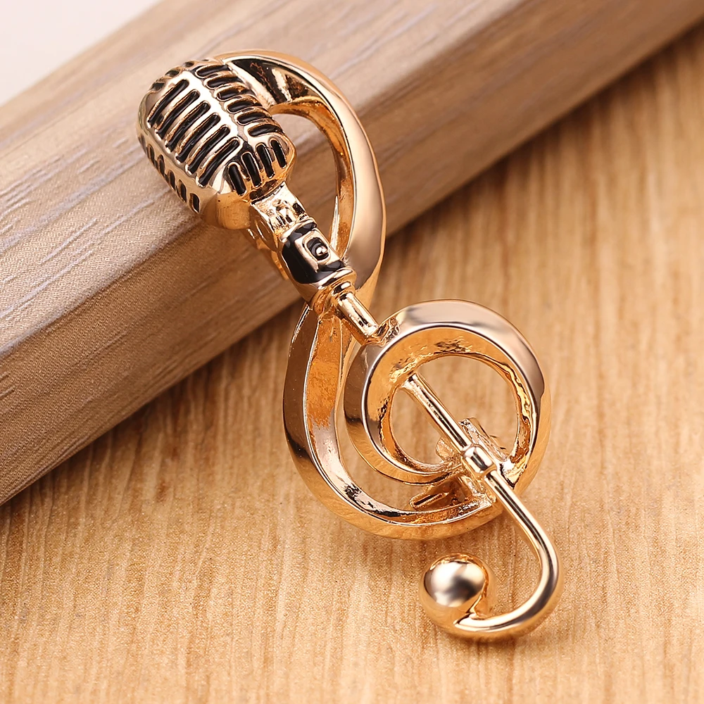 Gold Color Microphone Music Note Brooches Enamel Pin For Women Men Singer Party Concert Accessories Gift Jewelry