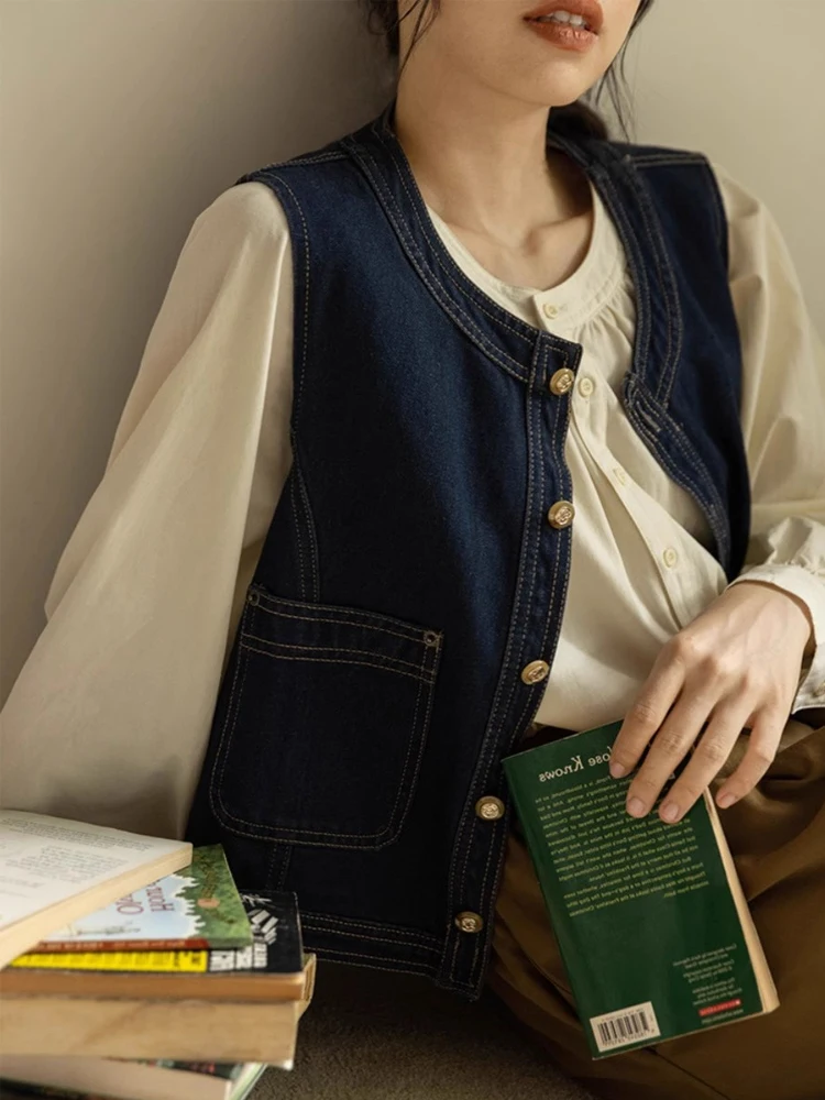 

Retro Japanese Sle Blue Denim Vest Women's Spring Autumn Layering Outerwear Svel Top Small Size oulder Pad