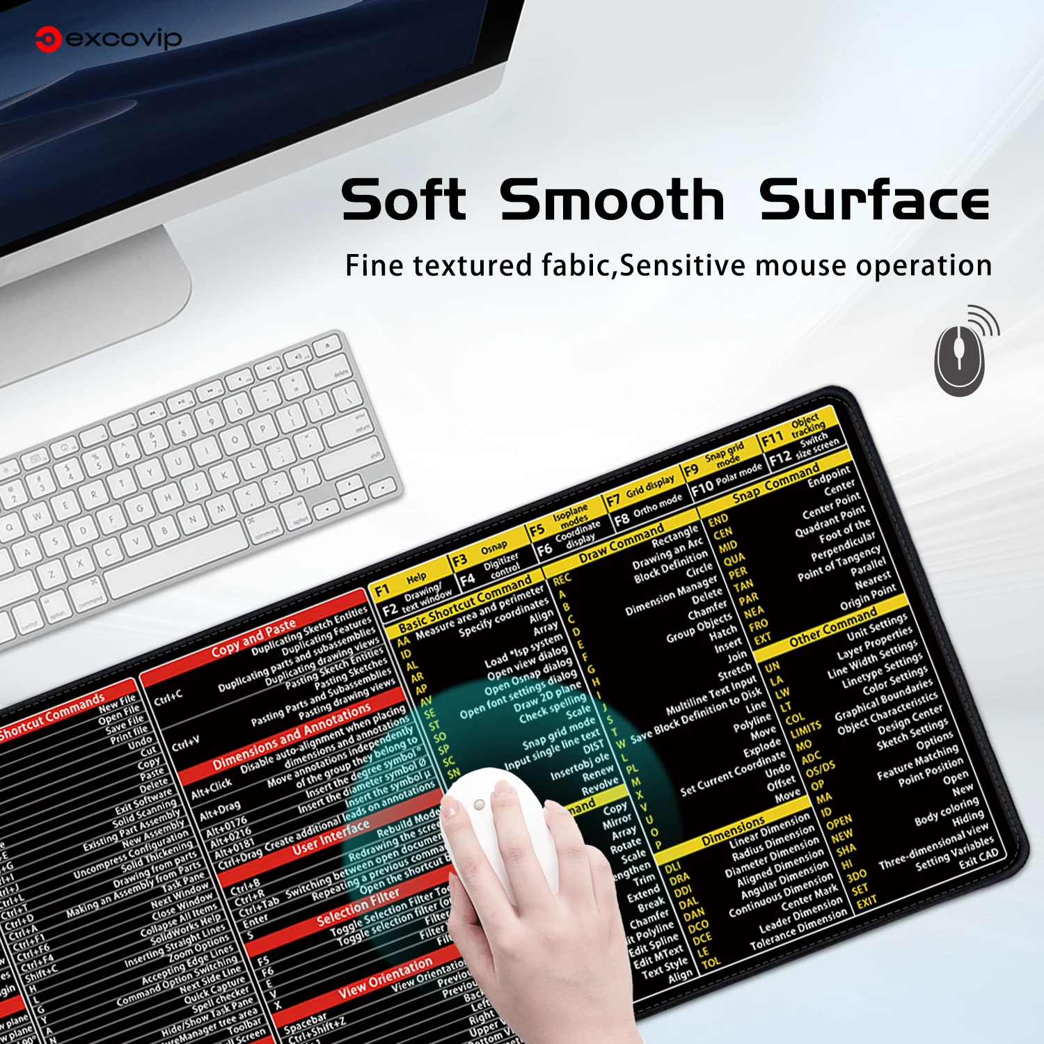 EXCO Shortcuts Mouse Pad for AutoCAD SolidWorks Large Cheat Sheet Keyboard Mousepad Desk Mat Stitched Edge Non-Slip Rubber Base