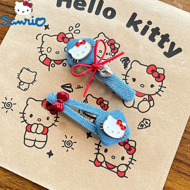 Sanrio Cartoon Hello Kitty Blue Cowboy Bow Series Hairpin Bb Clip Sweet Girly Heart Hair Accessories Girls Go with Everything