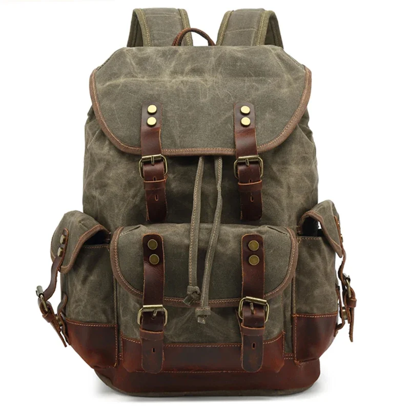 

Vintage Waterproof Waxed Canvas Backpack For Men Leather School Bags Fashion Daypack women Laptop bagpack Bag Rucksack