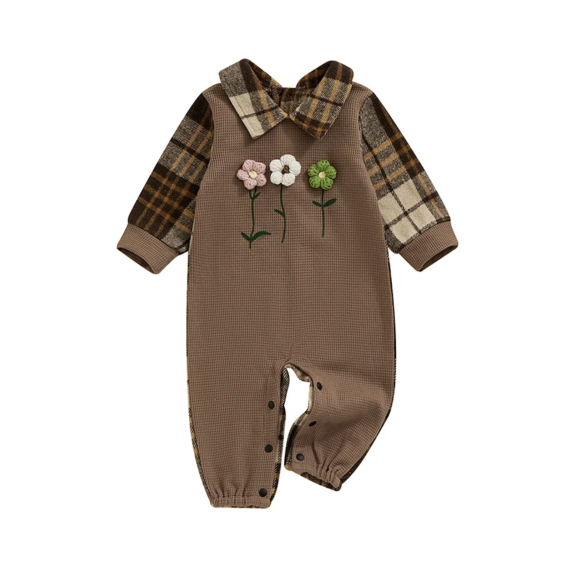 

Baby Girl Fall Romper Long Sleeve Lapel Collar Plaid Print Patchwork Jumpsuit Infant Autumn Outfit