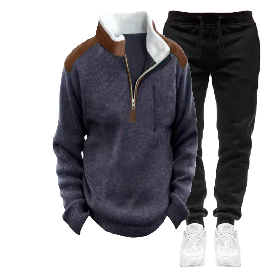 New men's fall/winter sports outfit with half-zip sweater, stand-up collar, 3D top, pure black pants