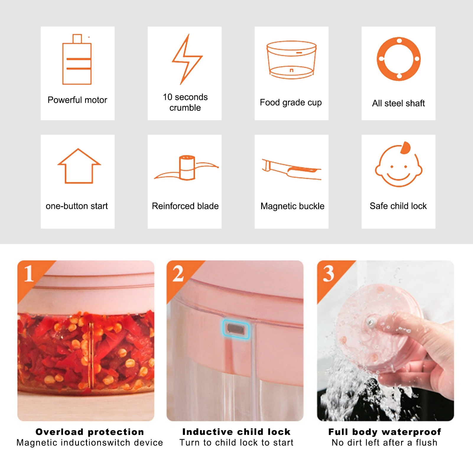 Picadora de carne eléctrica de 250ml, miniprocesador de alimentos con carga USB, picadora de ajo