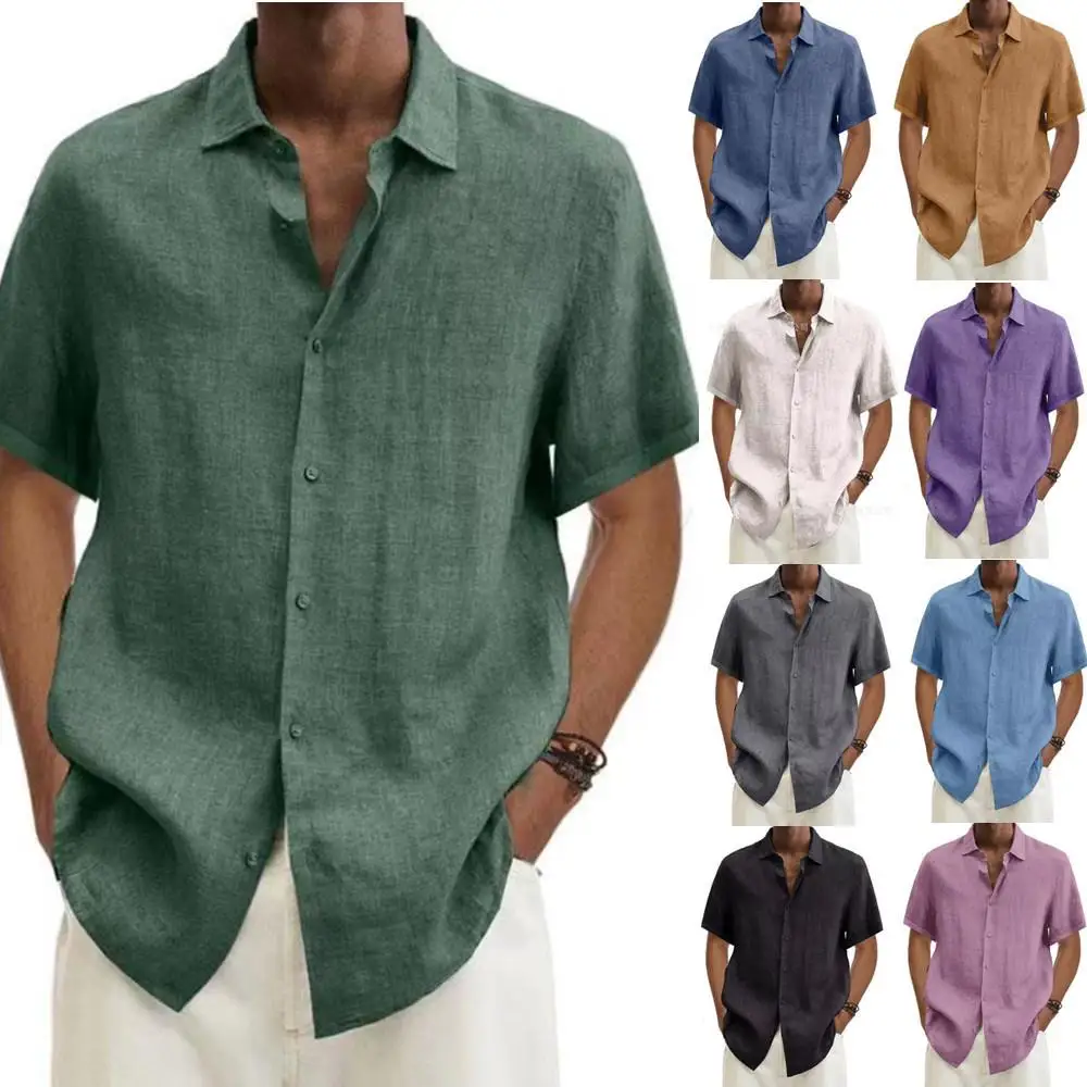 Men's Pure Color Cotton Linen Button up V Neck Shirt Summer Trendy Casual Shirt Independent Station Wish Bestseller