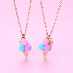 Luoluo&baby 2Pcs/Set Cute Ice Cream Plush Ball Best Friends Necklace Pendant Chain BFF Friendship Jewelry Gifts For Kids