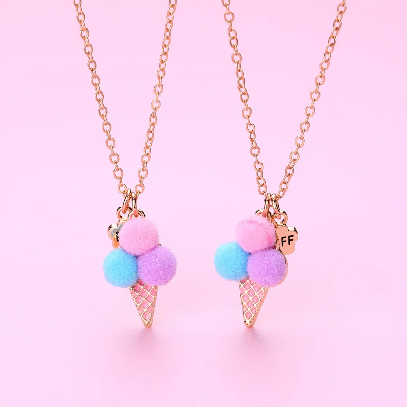 Luoluo&baby 2Pcs/Set Cute Ice Cream Plush Ball Best Friends Necklace Pendant Chain BFF Friendship Jewelry Gifts For Kids