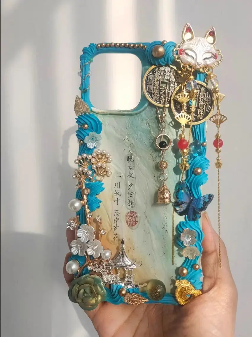 

3D Handmade case For iPhone 17 pro max Chinese Style iP16 15 phone shell 13 14pro creamy cover blue flower bling customized gift